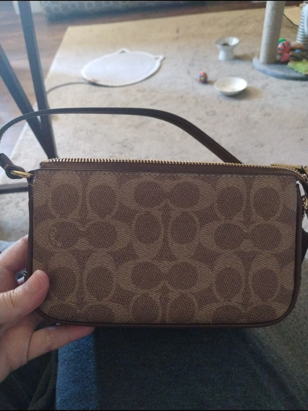 Coach Brown Plaza Bag 18 Signature Canvas Wristlet with Gold-Tone Zip